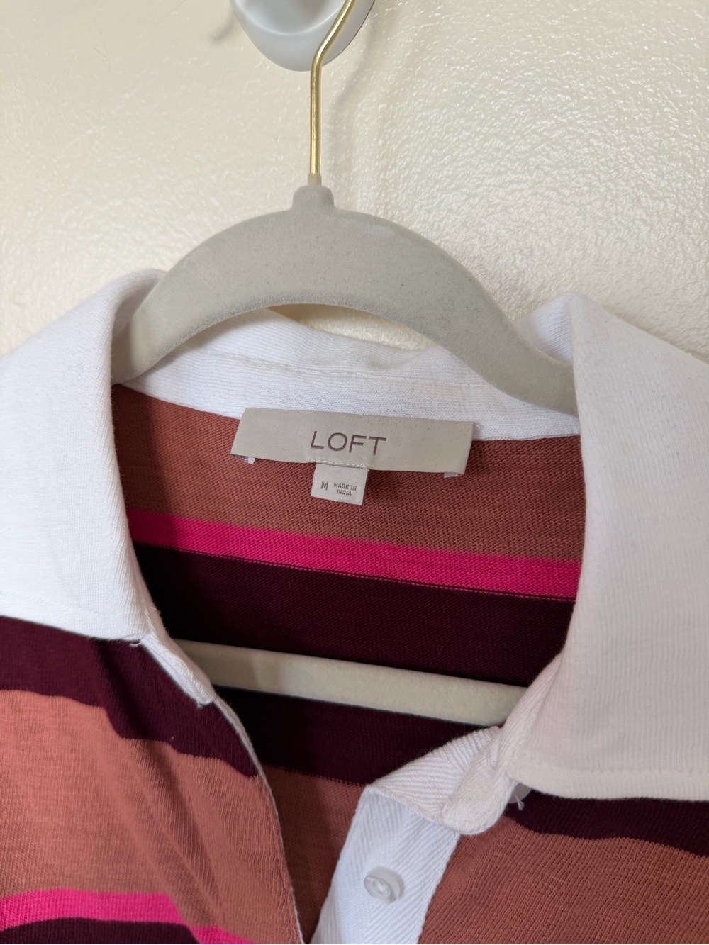 LOFT Maroon & Peach Striped Long Sleeve Polo - Picture 3 of 4